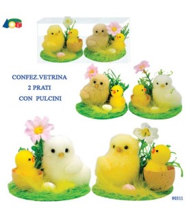 PULCINI CON PRATO E FIORI 2PZ G90311