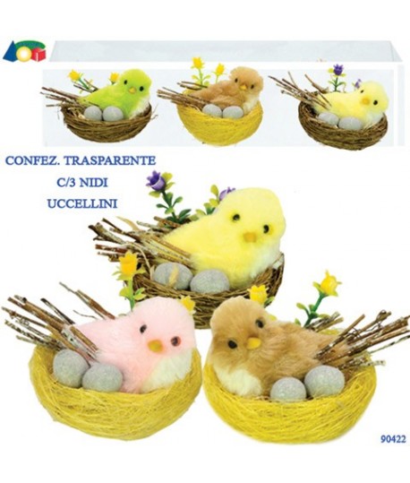 NIDO CON UCCELLINI COLORATI 3PZ G90422